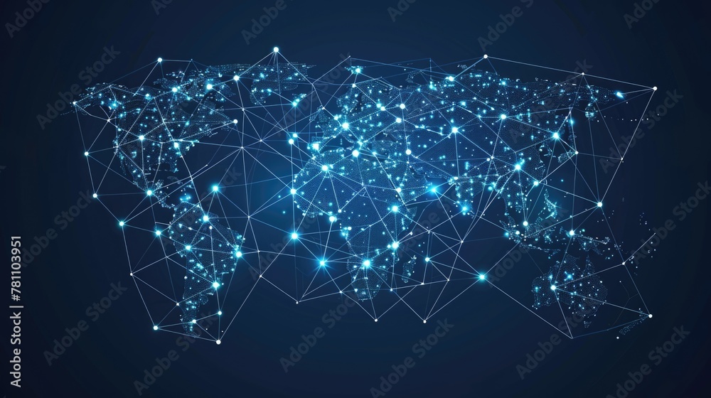 Wall mural digital representation of global network connections with glowing nodes