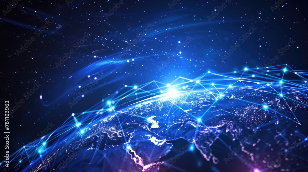 Wall mural digital representation of global network connections with glowing nodes