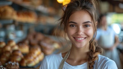 Smiling young female baker in bakery. Close-up portrait with selective focus and bokeh background