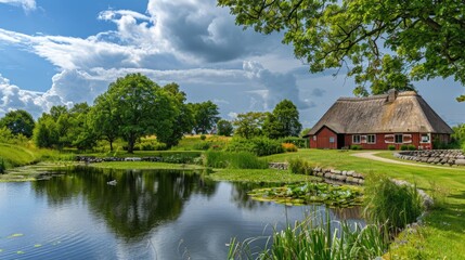 Obraz premium Traditional thatched roof house beside a pond with lily pads and green landscape.