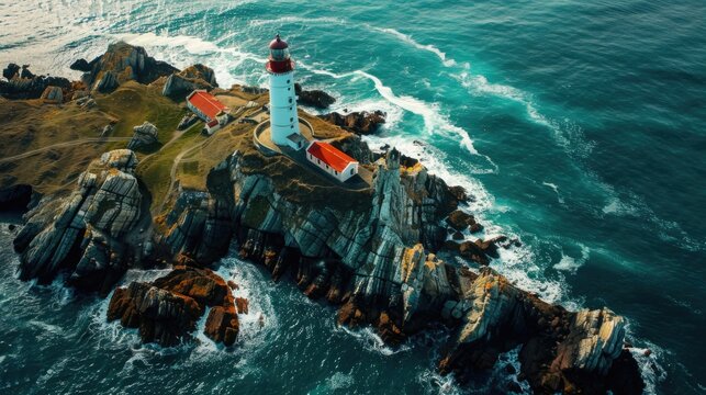 Aerial view of a lighthouse on a rocky coastline with swirling sea. World Oceans Day - Powered by Adobe
