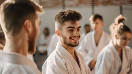 Fototapeta premium Male martial arts student in dojo. Selective focus lifestyle photography.