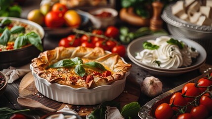 Homemade tomato and basil pie on dining table.