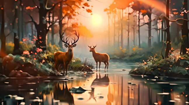 beautiful nature deers green forest trees. stream water. forest nature sunset animation videos