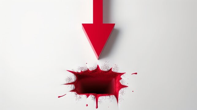 Big real red arrow for presentation or slideshow. pointing down for drop, decrease or shrink. Natural white background.