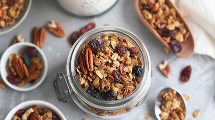 Obraz na płótnie Canvas Homemade granola with nuts and raisins in a glass jar.