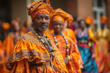 Naklejka premium Man in traditional African attire leading a cultural procession.