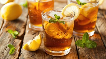 Refreshing Iced Tea with Lemon and Mint on Wooden Table