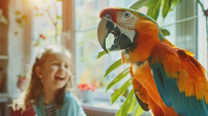 Joyful child laughing with a colorful parrot. Emotional bond and happiness concept