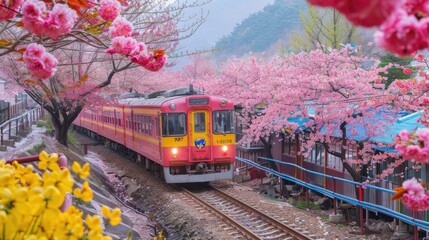 Train passing through a blossoming springtime landscape.