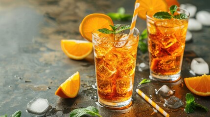 Iced tea with orange slices in tall glasses. Summer refreshment and beverage concept with space for text for banner, menu design - obrazy, fototapety, plakaty