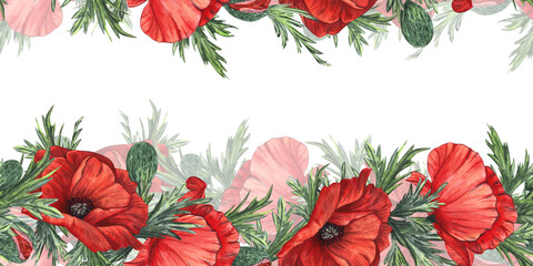 Red poppies with buds and leaves. Hand-drawn watercolor illustration for the design of souvenirs, cards, posters, banners. Seamless border isolated from background