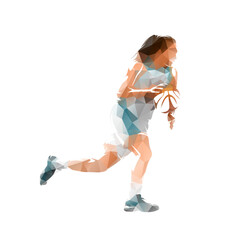 Woman playing basketball, isolated low poly vector illustration. Female team sport