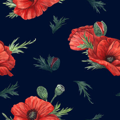 Seamless watercolor pattern with red poppies and green leaves on a dark background. For fabric, textiles, wallpaper, prints, packaging paper, clothing