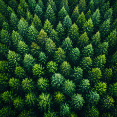 Conifer forest from a bird's eye view; Wood view from above; Pine tree, fir; Flora