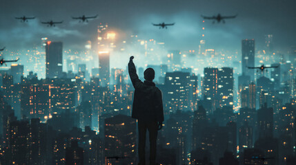 A silhouette of an urban man with his fist raised in the air standing on top, overlooking a futuristic cityscape at night. with fighter jets flying overhead, A dystopian future concept - obrazy, fototapety, plakaty