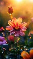 An orange flower is beautifully highlighted with morning dew against a soft-focus background in the warm glow of sunrise.