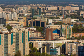 Bird's eye view of a fragment of the largest Kazakh city of Almaty on a spring morning