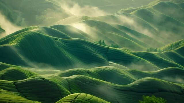 Lush green hills enveloped in a mystical morning mist. Sunlight filters through the fog, casting an enchanting atmosphere. The slopes form mesmerizing layered patterns, a natural work of art. 