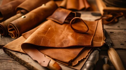 Leather craft or leather working. Selected pieces of beautifully colored or tanned leather on leather craftman's work desk .