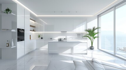 Futuristic White Kitchen with Panoramic Ocean Views
