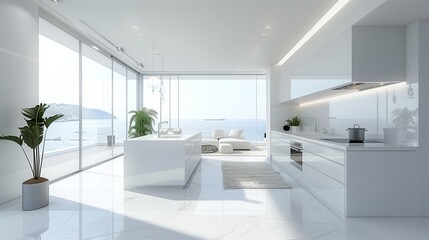 Obraz na płótnie Canvas Luxurious Open Space Interior with Ocean Panorama