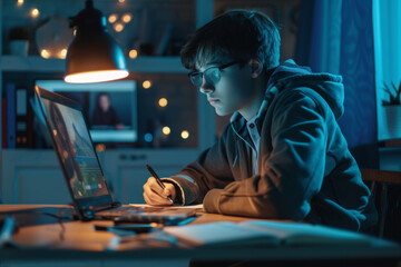 Teen studying late with a laptop in a cozy room, embodying focused education and modern learning - obrazy, fototapety, plakaty
