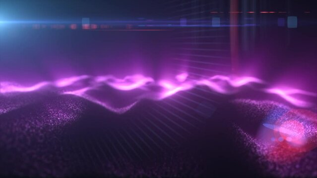 Purple energy magic digital futuristic waves with light rays lines and energy particles. Abstract background. Video in high quality 4k, motion design