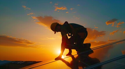 Worker installing solar photovoltaic panels at sunset
