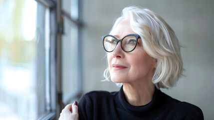 Happy blonde old senior woman in elegant glasses looking away home portrait