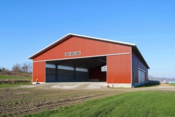 Fototapeta na wymiar New Modern Agricultural Barn for Efficient Storage and Farming - Metal and Concrete Block Design