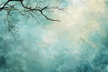 Painterly Abstract Landscape with Text Space - Textured Nature Design with Blue Sky and Branch Art