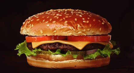 Photorealistic Homemade Burger with Melted Cheese, Juicy Beef Patty, Ripe Tomatoes and Fresh Lettuce - a Delicious and Tasty Treat