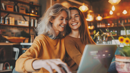 Happy multi-generational women, a mother and her adult daughter, enjoying the convenience of online shopping