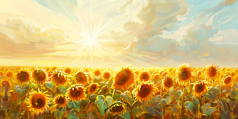 Surreal blue and orange sunflower field oil painting.  Summer flowers banner. - 781106987