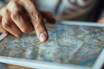Close-up of finger on tablet map, conceptualizing travel, navigation, and digital mobility