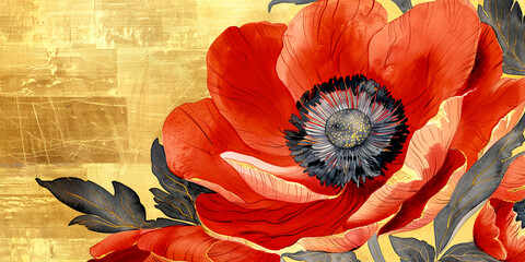 Red anemone blossom artwork. Banner with beautiful spring flower.