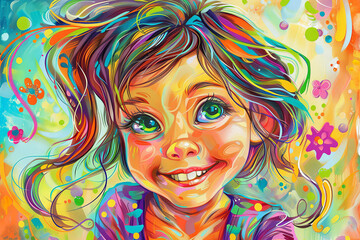 Happy charming girl smiling. Funny colorful illustration. - 781107194