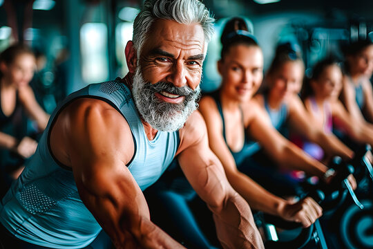 Homme s&eacute;nior faisant du v&eacute;lo &agrave; la salle de sport
