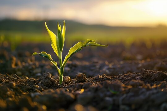 Solitude in the Immensity of Nature: Sprouting Maize Bud in Tierra Land - Farming Concept Stock Photo