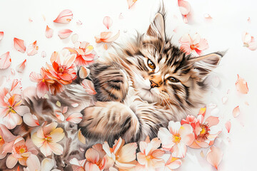 Happy cat relax in the spring flowers on white background. Holliday watercolor illustration - 781107312