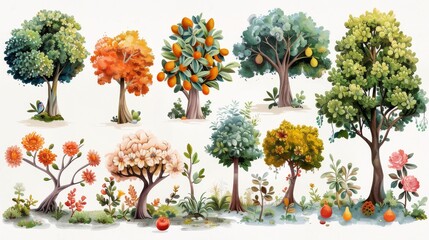 Garden of wonders: enchanted trees, talking flowers, and magical fruits, on white