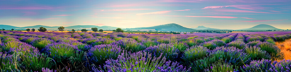 Purple lavender flower blossom field in countryside. Panorama of nature concept. - 781107356