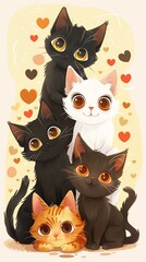 Adorable cartoon depiction of a loving family of five cats, radiating warmth and affection.