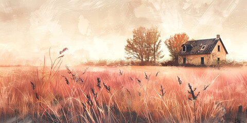 landscape of cottage in the countryside. Moody style painting. Banner - 781107393