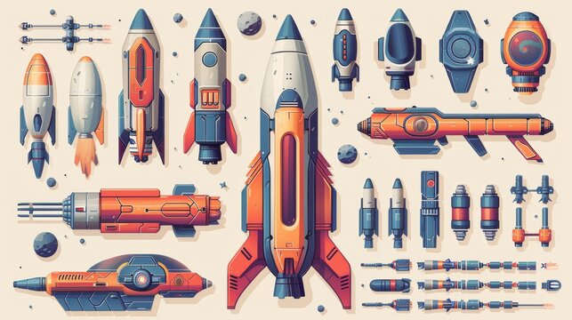 Adventure and travel game objects: jetpacks, spaceships, laser guns, hoverboards, graphically styled on white space