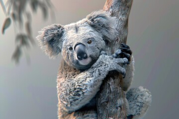 Three-dimensional Cute Koala on Tree Branch. Illustration of Wild Animal from Australia Climbing in Zoo
