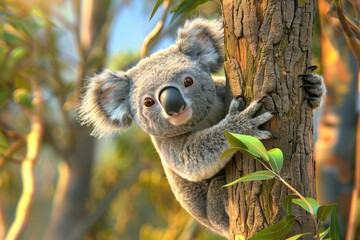 Three-Dimensional Koala on Tree Branch. Cute Australian Wild Animal Climbing in Zoo. 3D Illustration