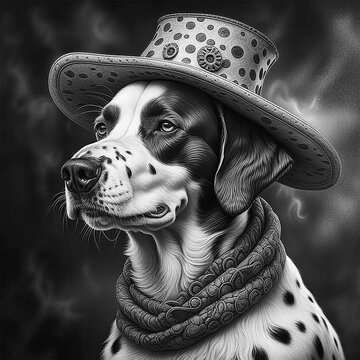 Portrait of Dalmatian dog in hat and scarve. Generative AI.