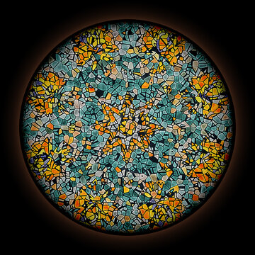 Colorful pattern in style of Gothic stained glass window with round frame. Abstract floral ornament.